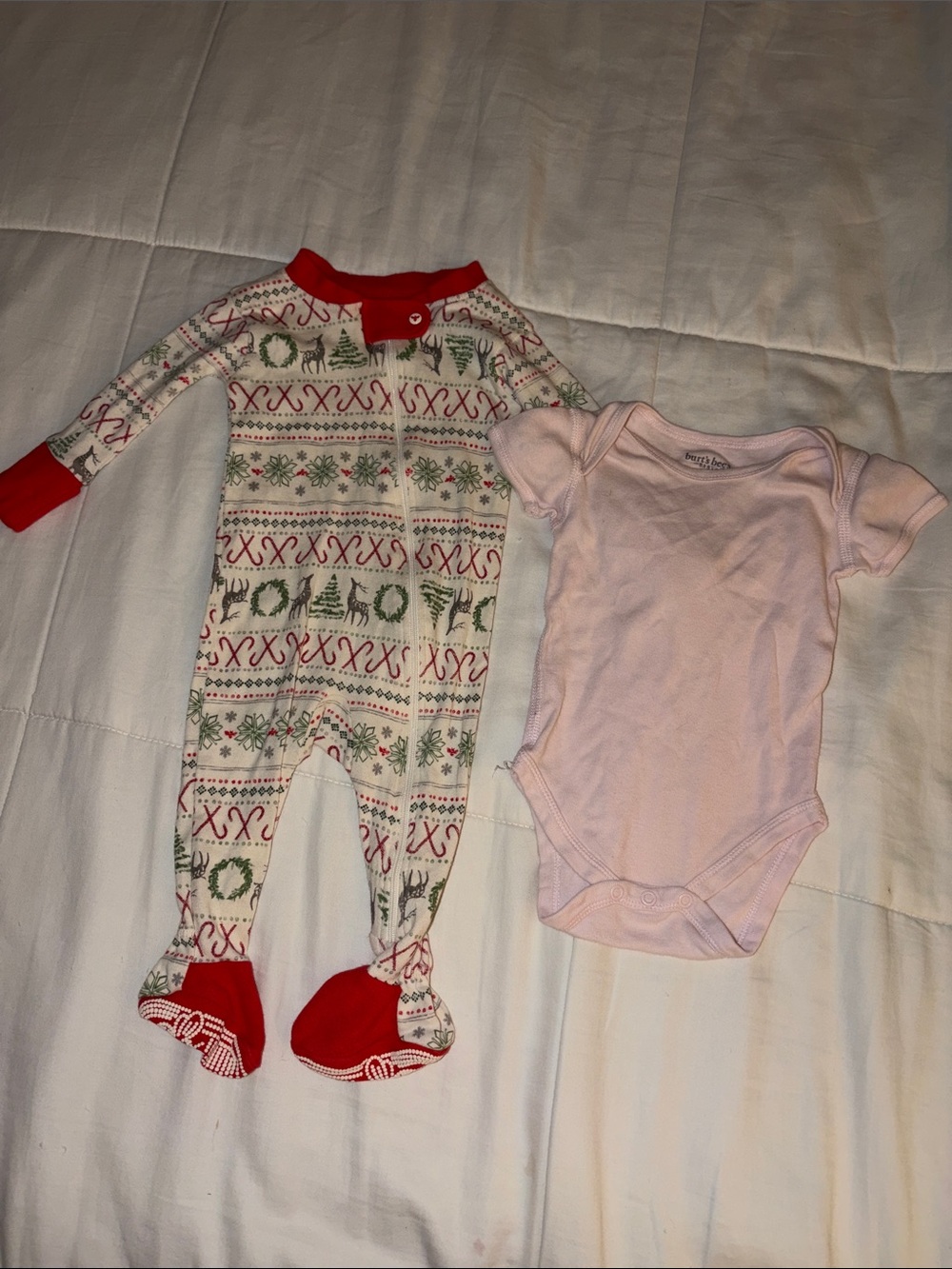 Burt's Bees Red & Cream Holiday Footie/Pink Bodysuit 100% organic cotton 0-3M